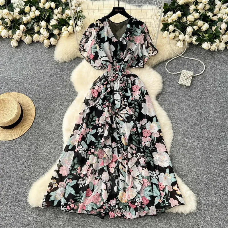 여성 쉬폰 플로럴 롱 드레스 한국 스타일 V넥 반팔 A라인 파티 드레스 여름 보헤미안 프린트 비치 원피스