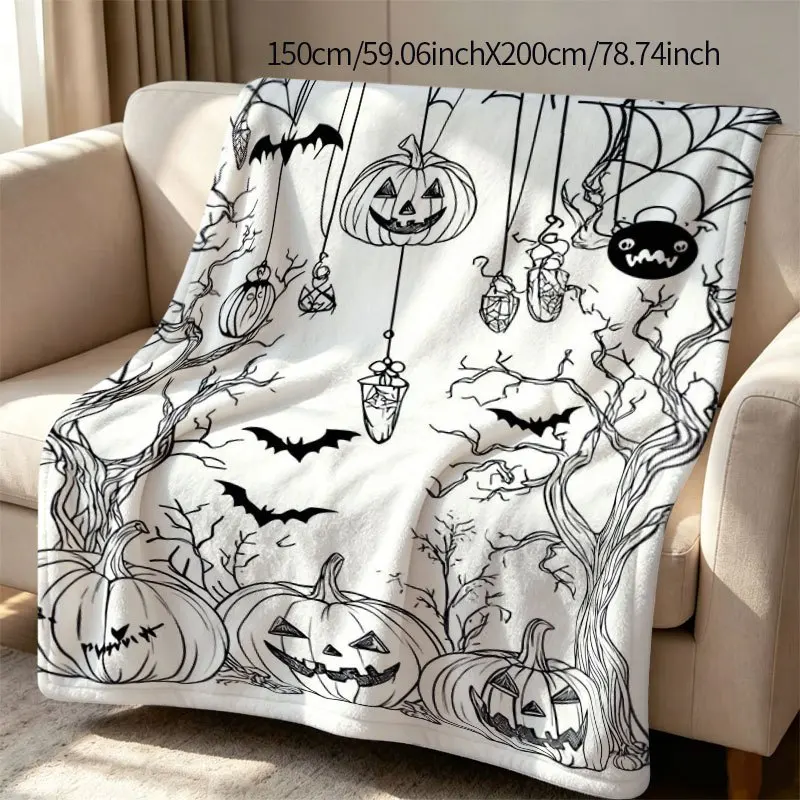 Hand-Drawn Style Halloween Pumpkin And Bat Print Flannel Throw Blanket, Soft Sofa Nap Air Conditioner Small Blanket Soft And Comfortable, Halloween Decoration Gift All-Season Use Blanket, Home Sofa Air Conditioner Throw