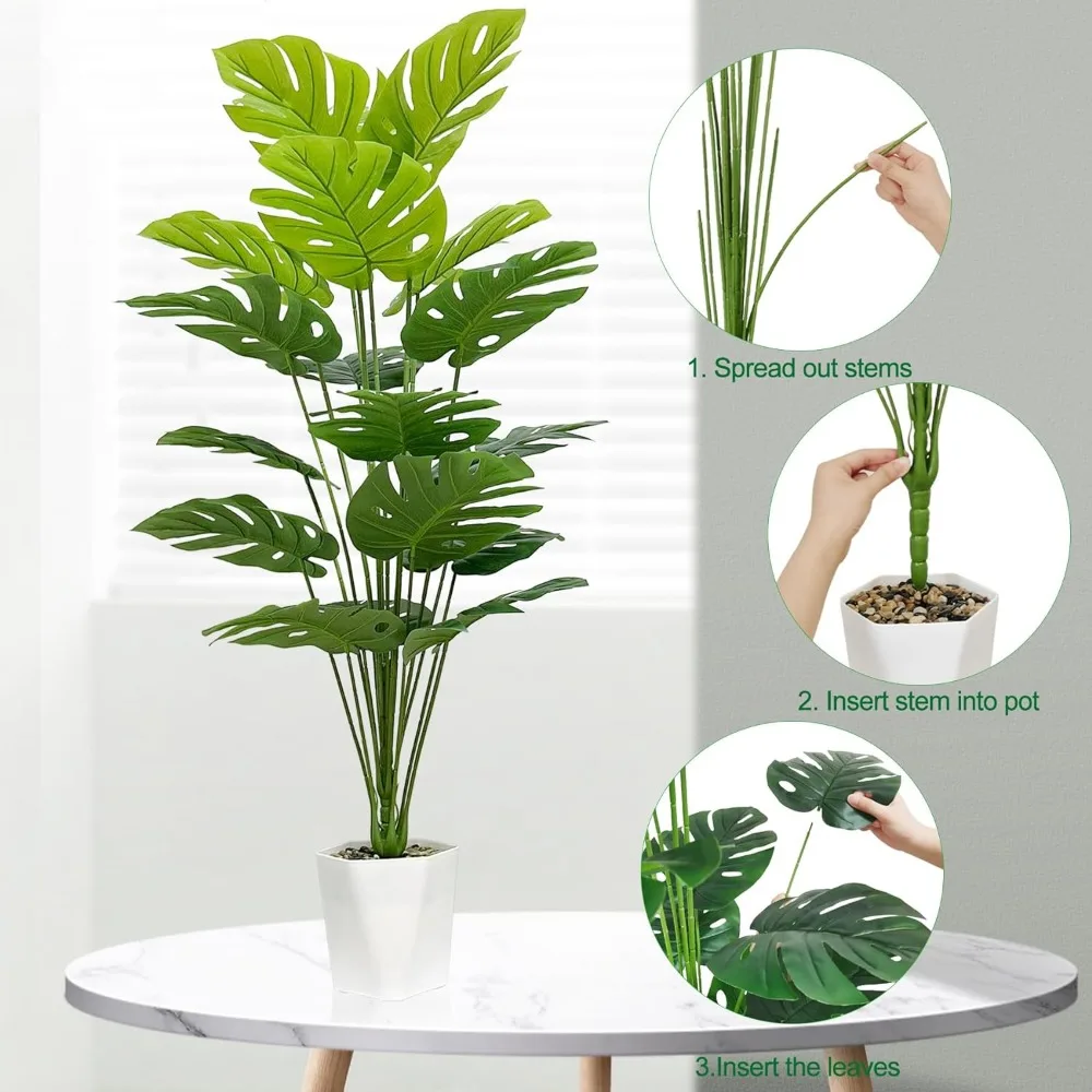 SAJANDAS Set of 2 Artificial Monstera Deliciosa Plants in Pots, Fake Tropical Palm Tree with Greenery Leaves Stems, 28 Inch