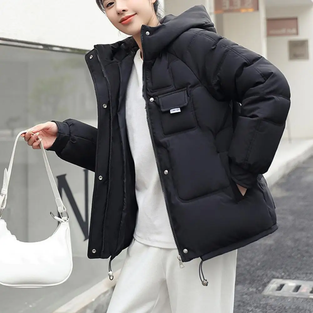 

Women Winter Jacket Patch Pocket Zipper Closure Hooded Down Cotton Coat Lady Warm Thicken Short Overcoat Outwear Female Clothes