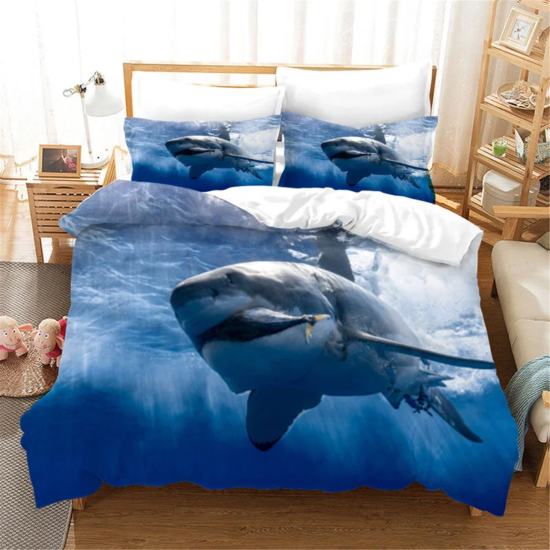 3D Blue Ocean Sharks Duvet Cover with Pillow Cover Bedding Set Single Double Twin Full Queen King Size Bed Set for Bedroom Decor