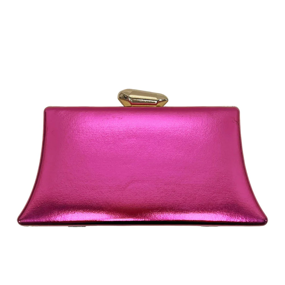 Shiny Metallic Fuchsia Trapezoid Evening Clutch Bag With Gold Clasp, Elegant Formal Dinner Hand Purse For Middle Aged Prom Party