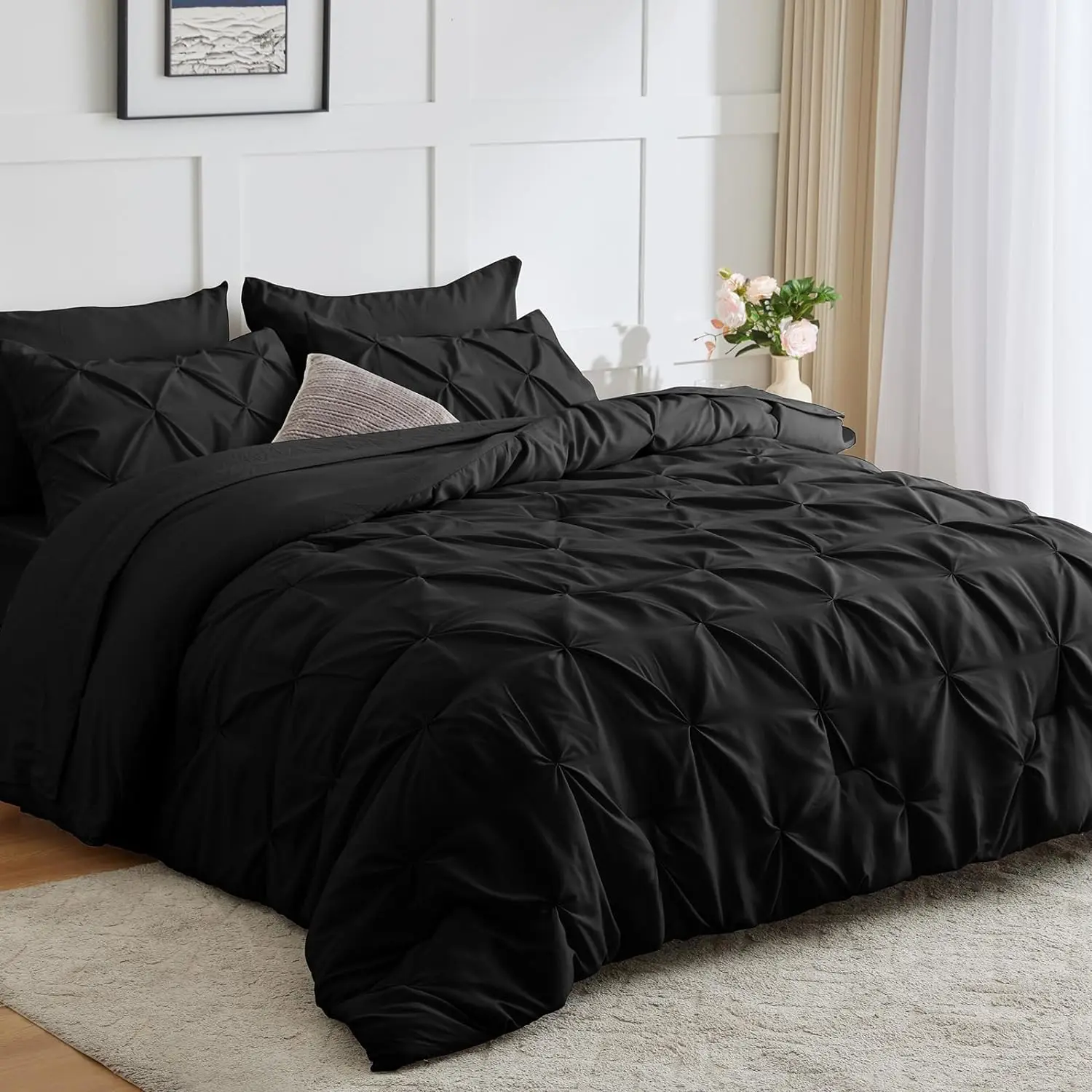 Bed in a Bag 7-Pieces, Black Comforter Set for All Season, Pintuck Bedding Sets