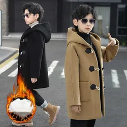 Boys Wool & Blends Winter Coat 2024 New Fashion Hooded Solid Single-Breasted Plus Cotton Warm Children Outerwear High Quality