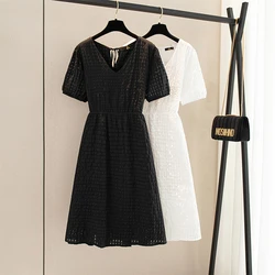 Vestido informal de verano de talla grande para mujer, tela de gofres de poliéster, vestido de manga corta blanco y negro, cómodo y transpirable para fiesta