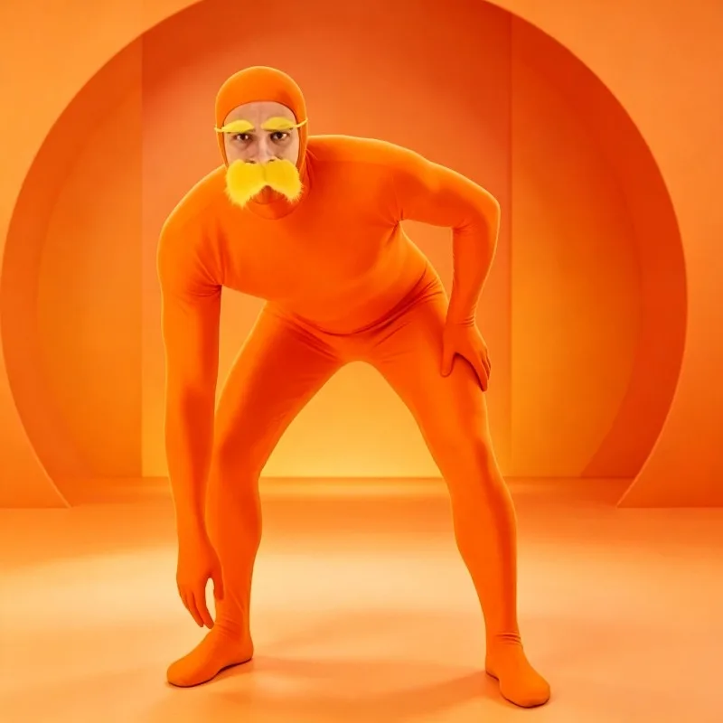 Complete Orange Bodysuit Costume With Detachable Yellow Beard And Eyebrows For Halloween Night Festival