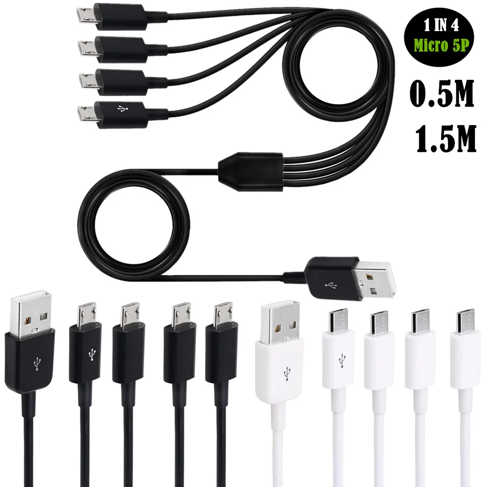 USB 2.0 Type A Male to 4 Micro USB 5 Pin Male Splitter Y Data Sync and Charge Connector Adapter Cable for Android 0.5/1/1.5m