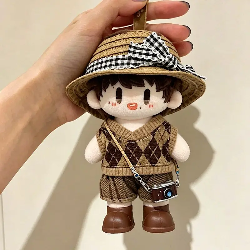 Baby clothes 16cm in circumference, cool and cool brown brown brown diamond grid vest, camera, cotton doll clothes