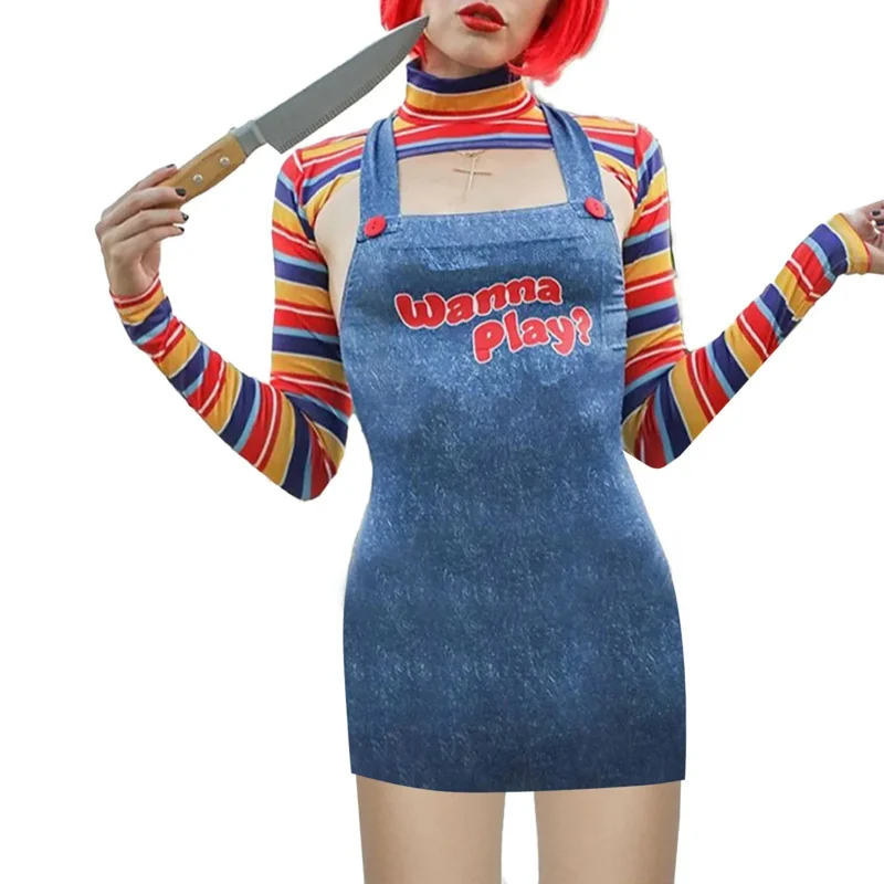 MN1 Women Scary Nightmare Killer Doll Wanna Play Movie Character Bodysuit Chucky Doll Costume Cosplay Jumpsuit9*Jy