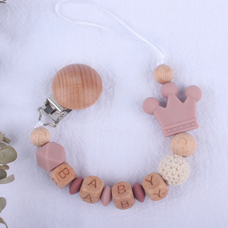 Baby Pacifier Clip Holder Personalized Name Custom Crown Silicone Bead Wooden Chain Pendant Dummy Teether Newborn Birth Gifts