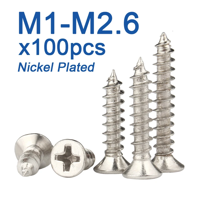 100pcs/lot M1.2 1.3 1.4 1.5 1.6 1.7 1.8 M2.2 2.3 2.5 2.6 Nickel-Plated Steel Cross Recessed Countersunk Flat Head Tapping Screw