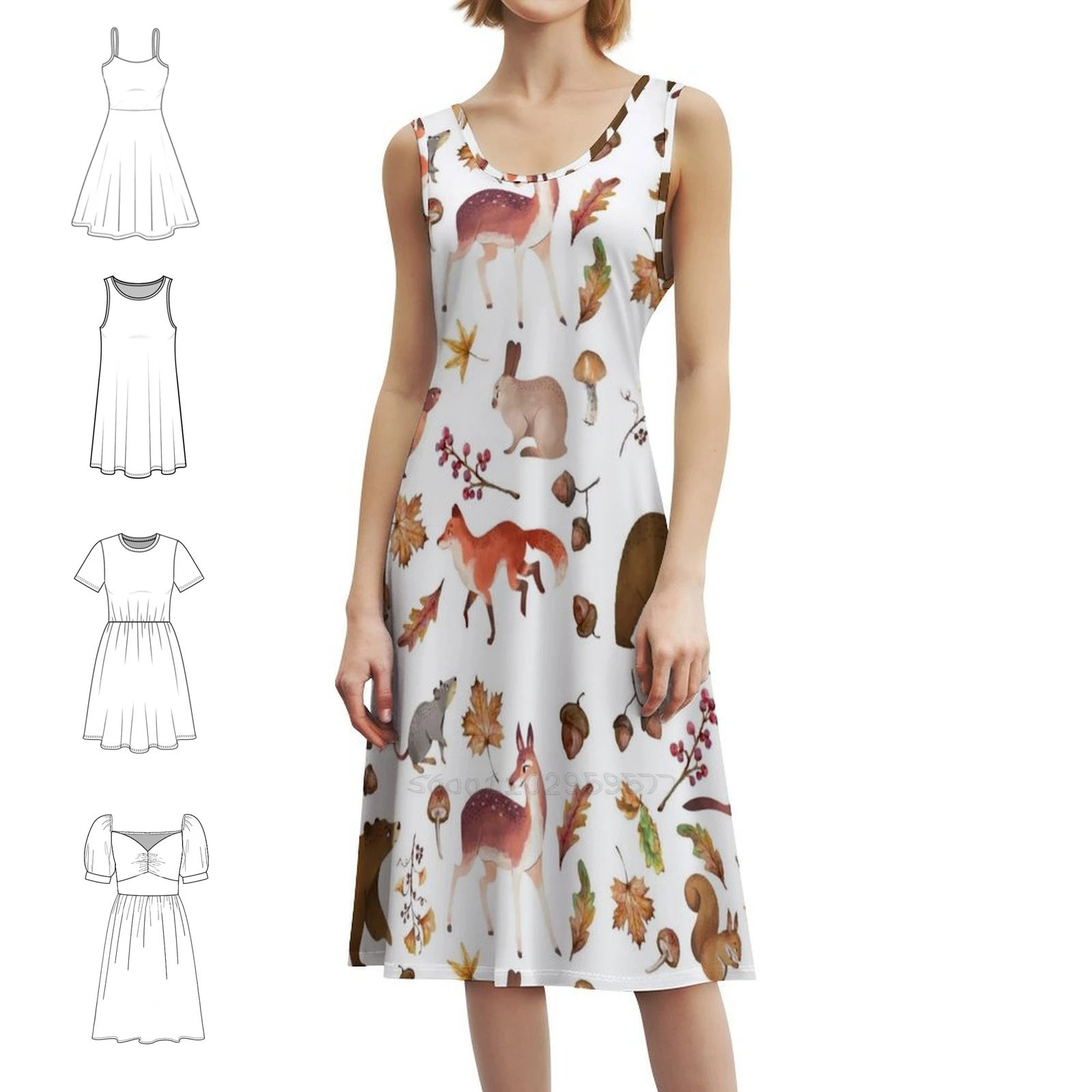 

Fall Woodland Creatures Vintage Bohemian Dress Puff Sleeve Or Sleeveless Options For Women Dress Woodland Botanical Woods