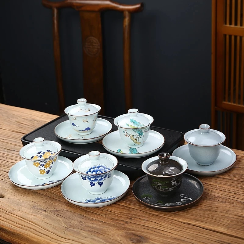 

Ceramic Sancai cover bowl single tea bowl is not hot tea cup kung fu tea set household drinking tea bowl toasting tea bowl