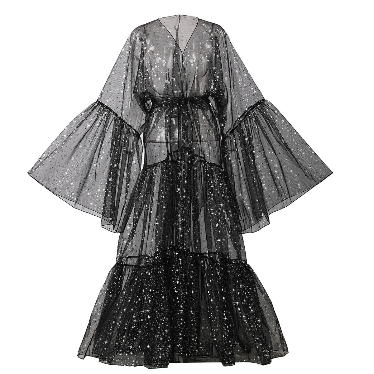 معطف فستان نسائي كبير الحجم للحفلات على الطراز القوطي لامع سحب الملكة الأورجانزا للهالوين كوكتيل بأكمام واسعة فستان الأداء