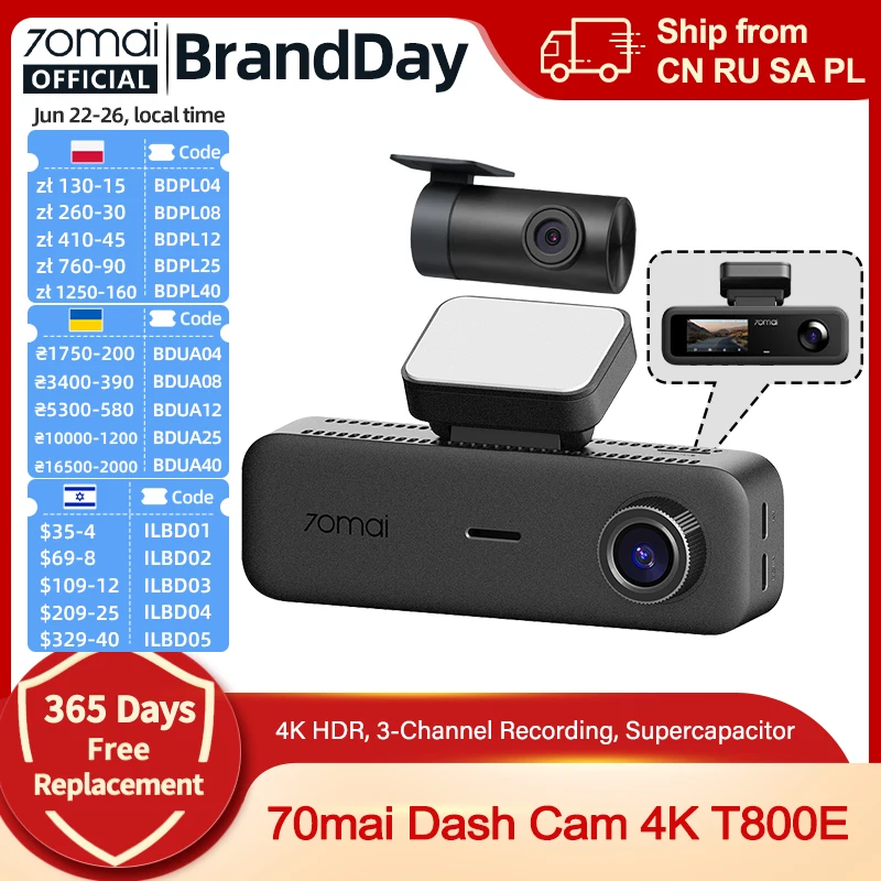 70mai T800E 3-Channel Front 4K + Rear 1080P + Interior 1080P HDR Supercapacitor 24H Parking GPS WiFi 6 70mai T800E Voice Control