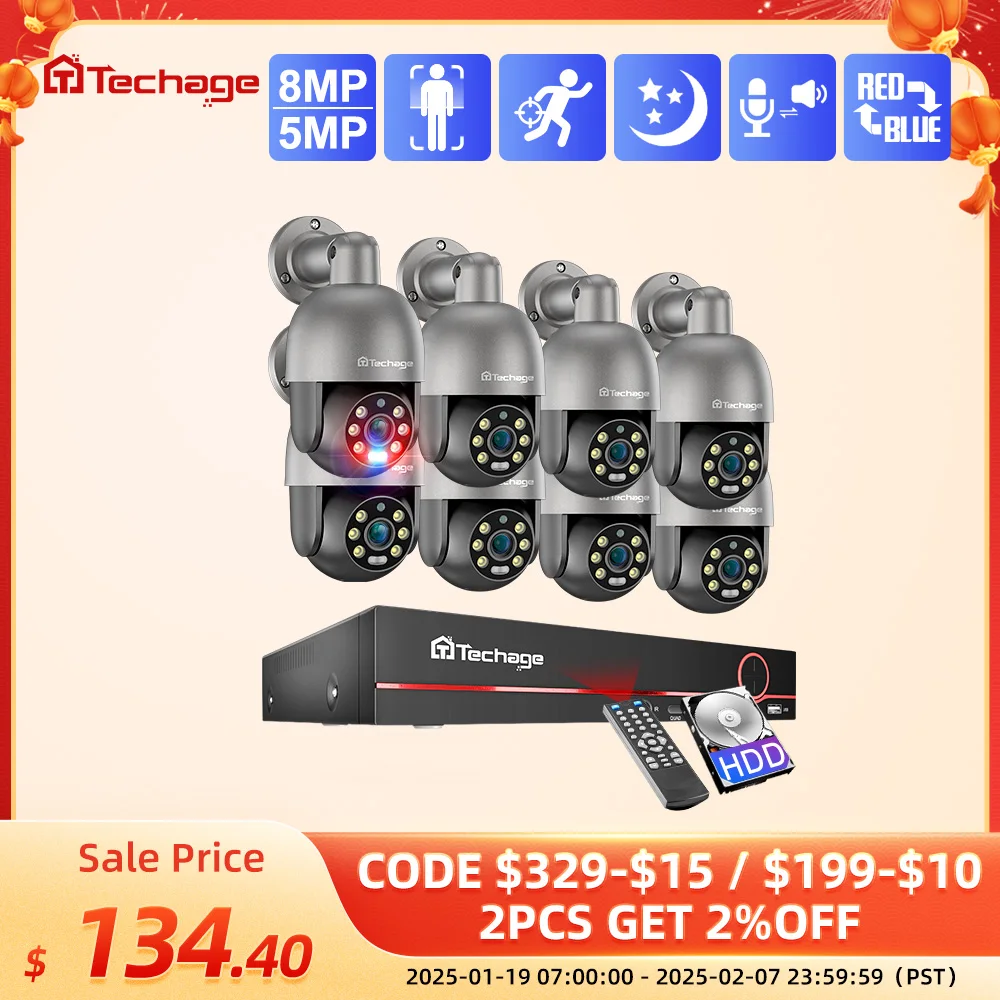 

Techage HD 5MP 8MP POE Smart Security PTZ Camera System Outdoor Ultra H.265 8CH Система видеонаблюдения Полноцветный комплект ночного наблюдения