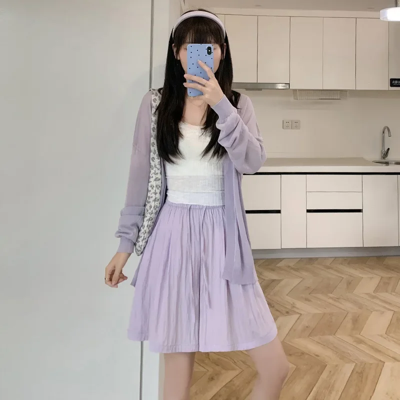 Moda coreana calças sólidas verão solto emagrecimento casual cinco quartos calças simples cintura alta drapeado plissado calças de perna larga