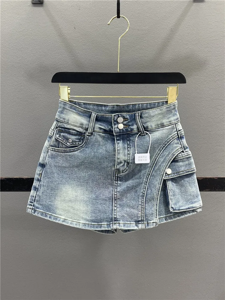High Waist A-Line  Skirt Women's Denim Short Pants Summer Slimming Sexy Girl Casual Style No  mid Stretch Cotton Po...