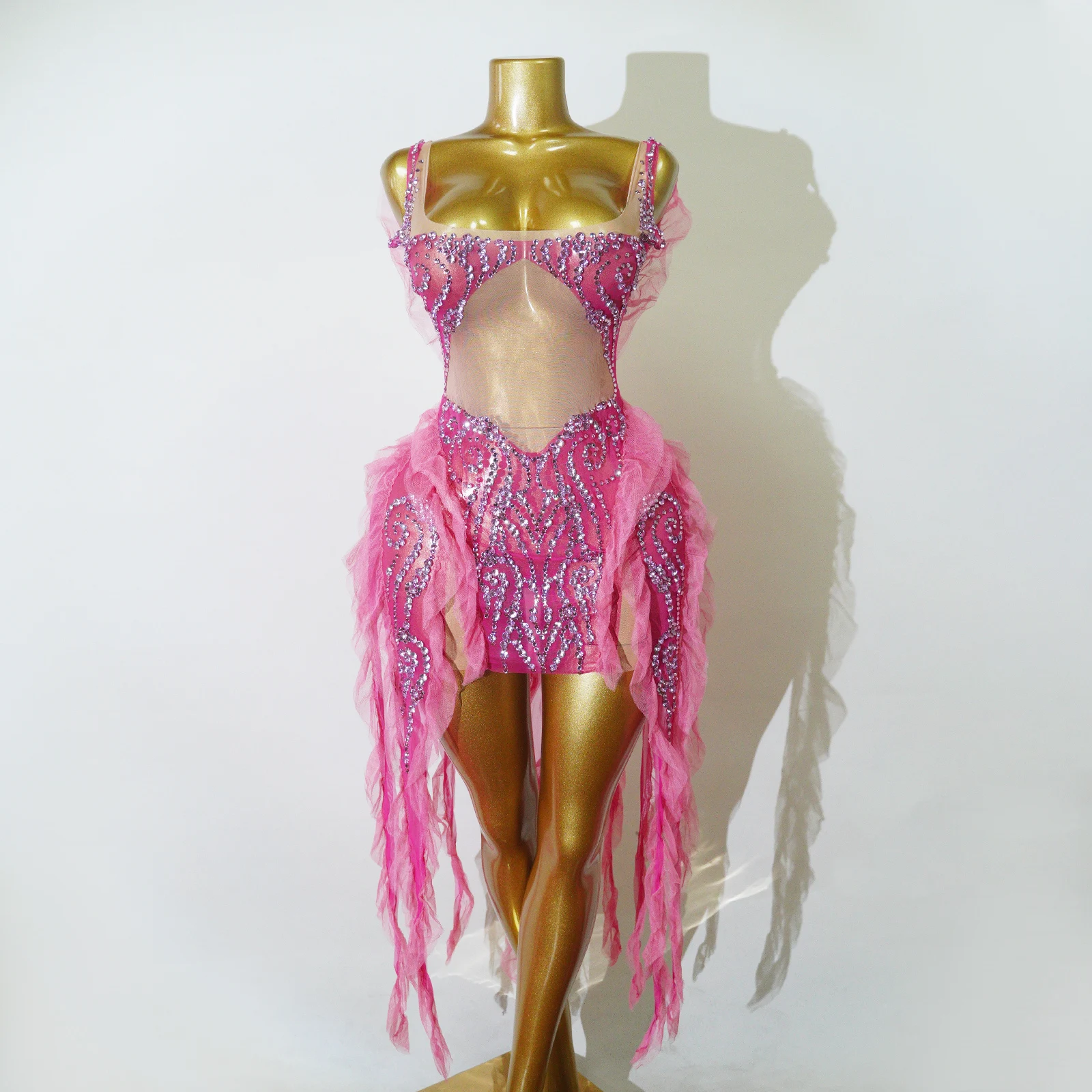 

Elegant Shiny Rhinestone Tassel Mesh See-through Dress For Women Dinner Party Birthday Club Nightclub Stage Performance Clothing