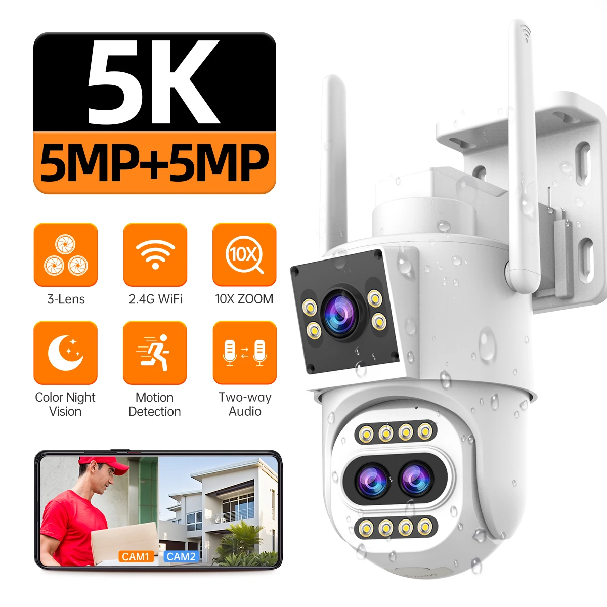 JOOAN 5K 10MP WiFi IP Camera Outdoor 10x Zoom Three Lens Dual Screen PTZ Camera AI Tracking Home Security CCTV Surveillance Cam