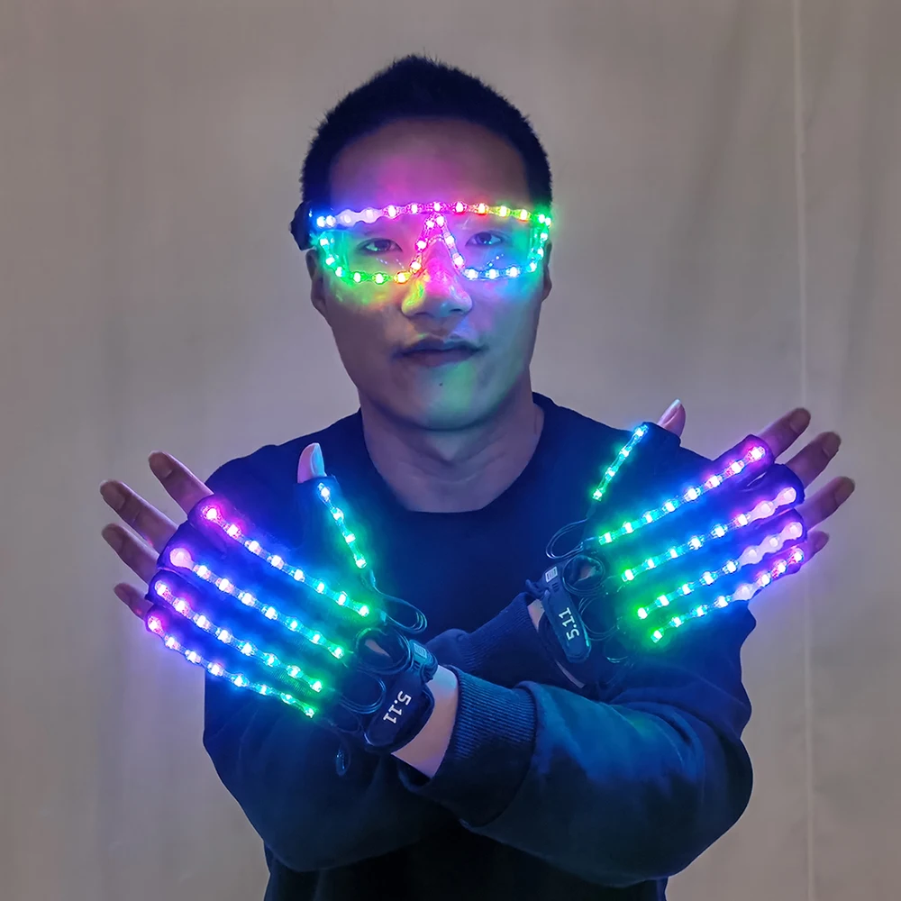 LED Gloves Glowing Glasses Light Up Glasses Rave Costume Decor DJ Dance Performances Luminous Props Halloween Decorati