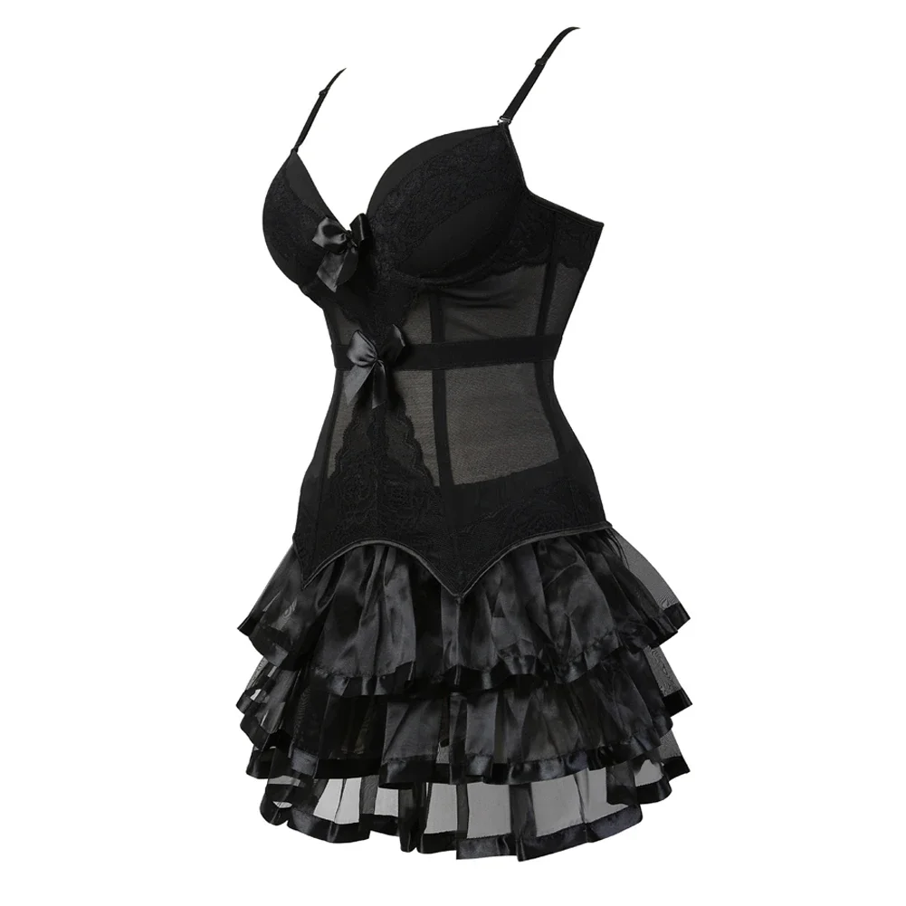 Burlesque-Korsett-Kleider für Frauen, Übergröße, sexy Korsett-Dessous-Oberteil mit Körbchen, schwarzes sexy Spitzen-Korsettkleid mit Trägern