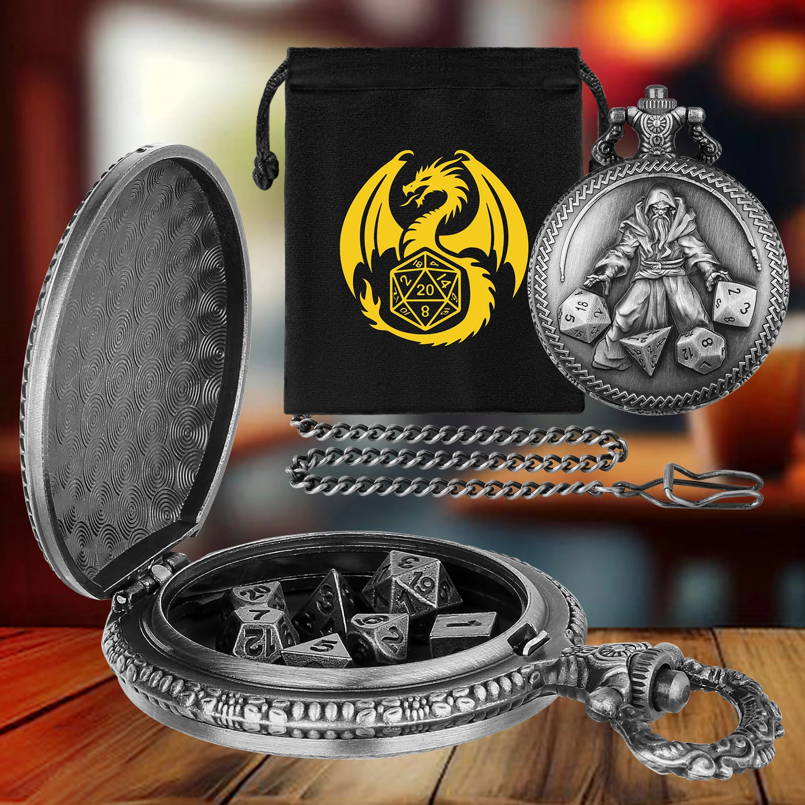 5pcs Grey Black/Bronze Metal Pocket Chain Pendant Master Play Dices Pocket Watch Case Mini Dice Set Gift for Board Game Lovers