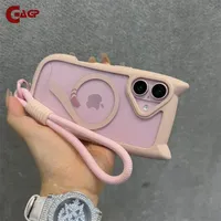 Cartoon 3D Cat Ear Magnetic Lanyard Case For iPhone 16 Pro Max 12 13 14 15 Pro Max 16Plus Mini Wristband Clear Soft border Cover