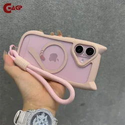 Cartoon 3D Cat Ear Magnetic Lanyard Case For iPhone 17 ProMax 12 13 14 15 16 Pro Max Plus Mini Wristband Clear Soft border Cover
