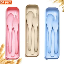 Reusable Travel Utensils Set With Case Box Wheat Straw Portable Knife Fork Spoons Set Tableware Eco-Friendly BPA Free Cutlery