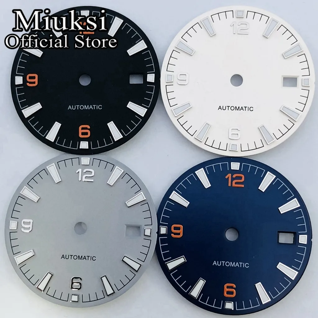 Miuksi 31mm black blue gray white watch dial green luminous fit NH35 movement fit 3 o\'clock crown 3.8 o\'clock crown