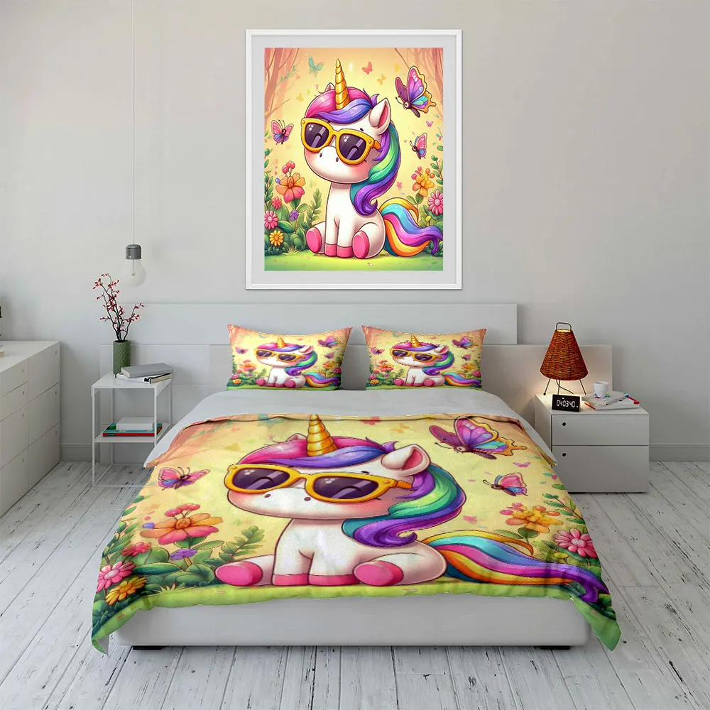 Cute unicorn with sunglasses Duvet Cover Set with 3D Printing Design Soft Polyester Bedding Set All-Season Comfort for gifts