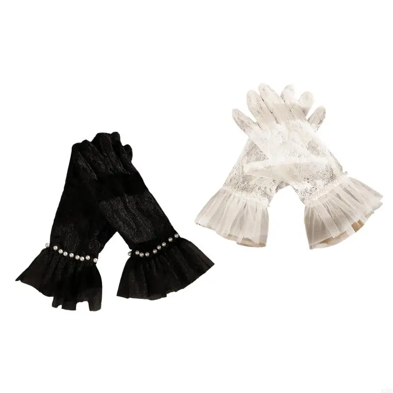 

K3KF Sheer Lace Flower Hand Gloves For Evening Event Elegant Wedding Ceremony Party Accessories Gloves with Pearls Cuffs
