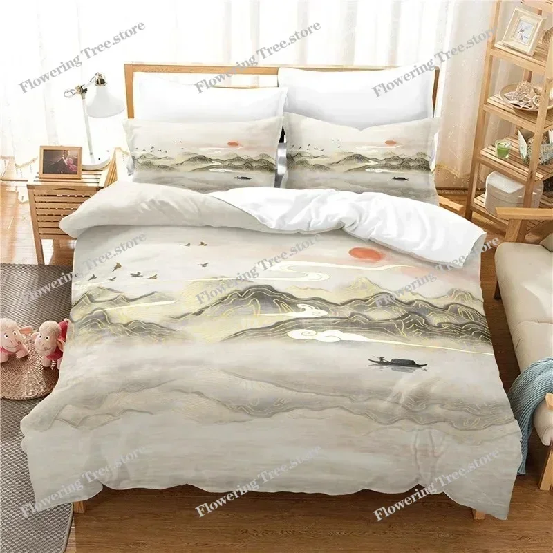 Nature Landscape Duvet Cover KingQueen Size,Chinese Ink Painting Style Bedding Set Mountain River Polyester Quilt Cover029592FQH