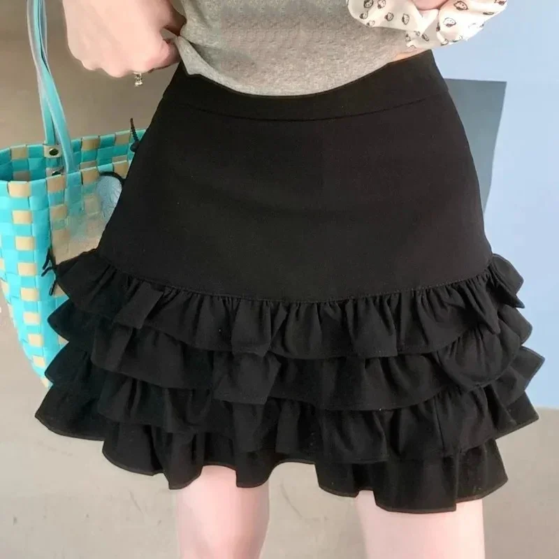 

Sweet Ruffles Mini Skirt Spring Autumn Solid High Waist Woman Skirts Korean Fashion Elegant Retro Faldas Mujer