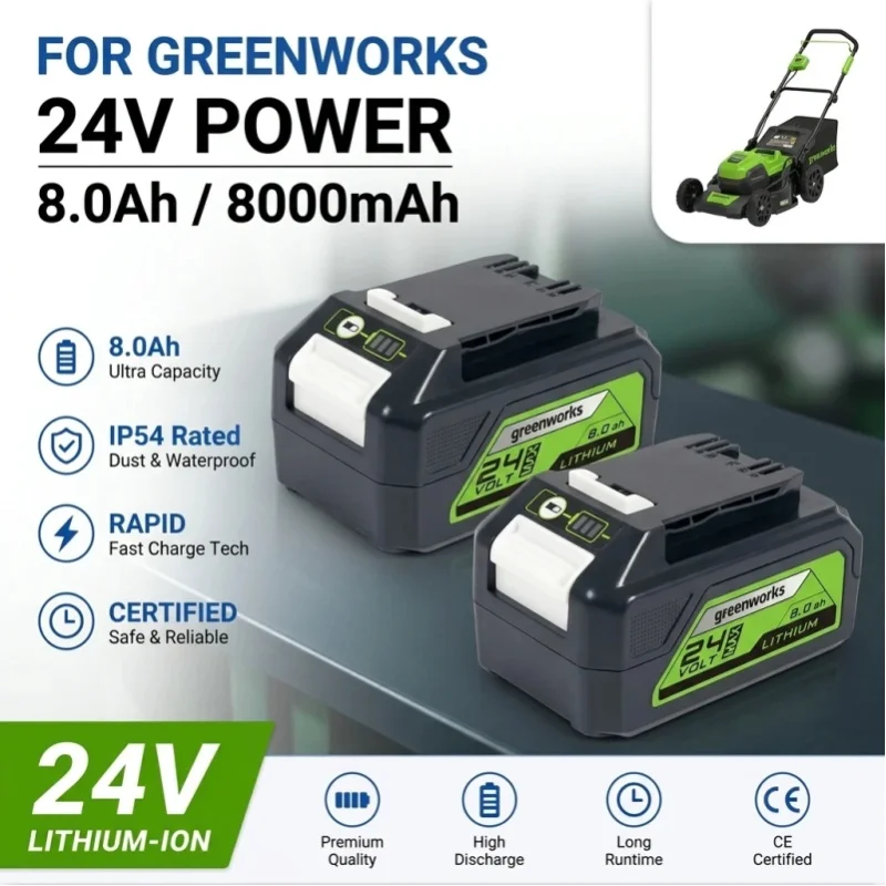 Neuester 24V 8,0Ah Lithium-Akku für Greenworks 24V Elektrowerkzeuge, Schnellladung, MO24B410 MO48L4211 HT24B210 21342 Ersatzakku