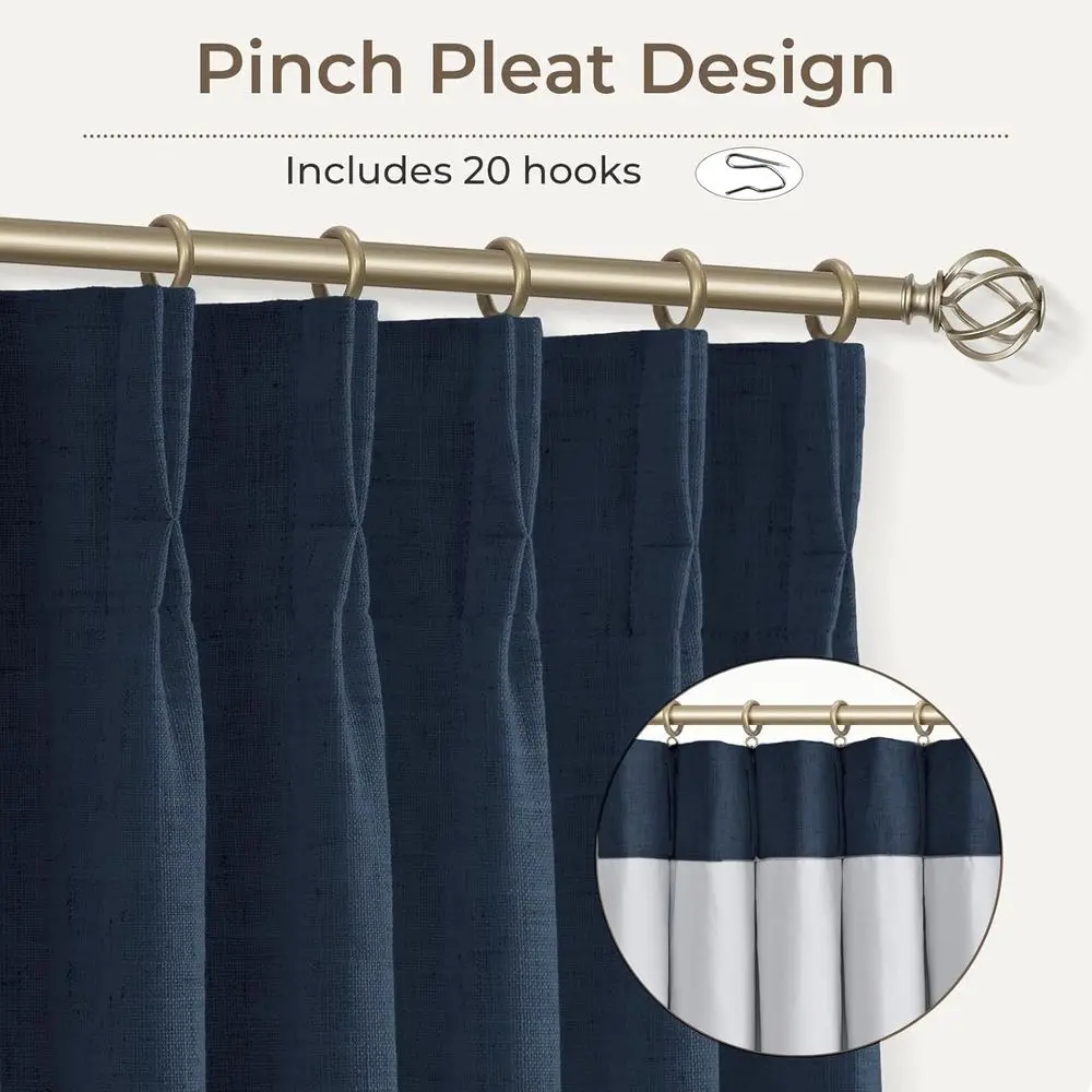 ネイビーブルー 40W x 90L リネン混紡遮光カーテン、フック20個付き、100%遮光、2枚セット、家庭用