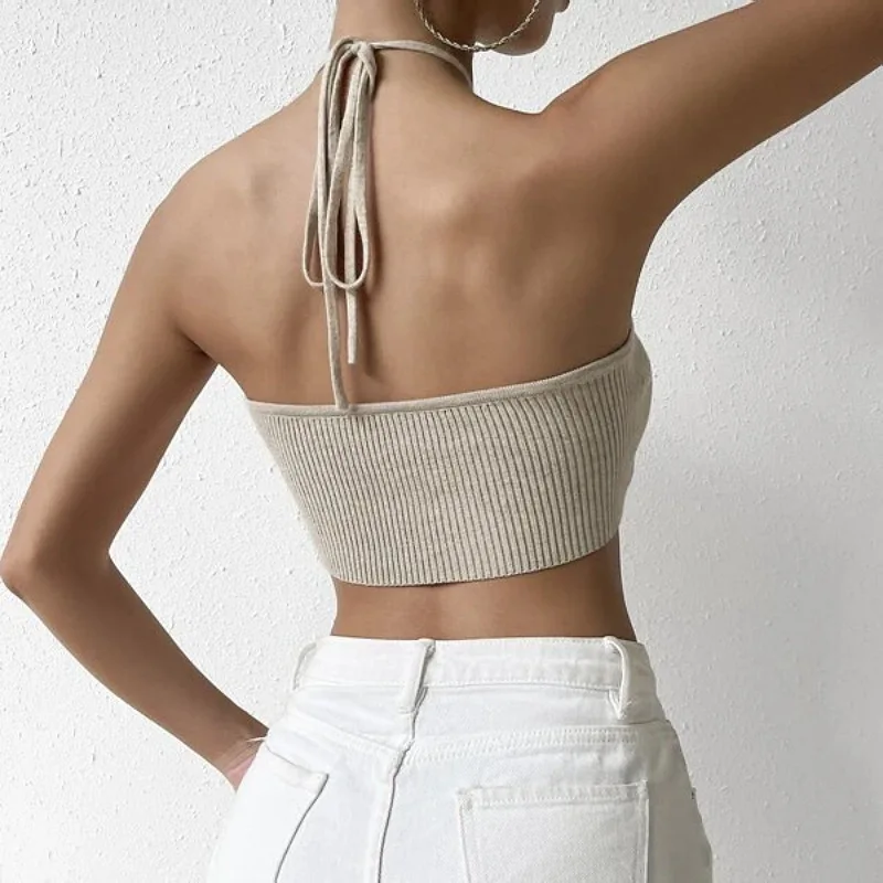 Sexy Halter Crop Top Solid Strap Bra Short Open Back Hanging Neck Tie Up Knitted Tank Top for Women Fashion Summer Y2K Outfits