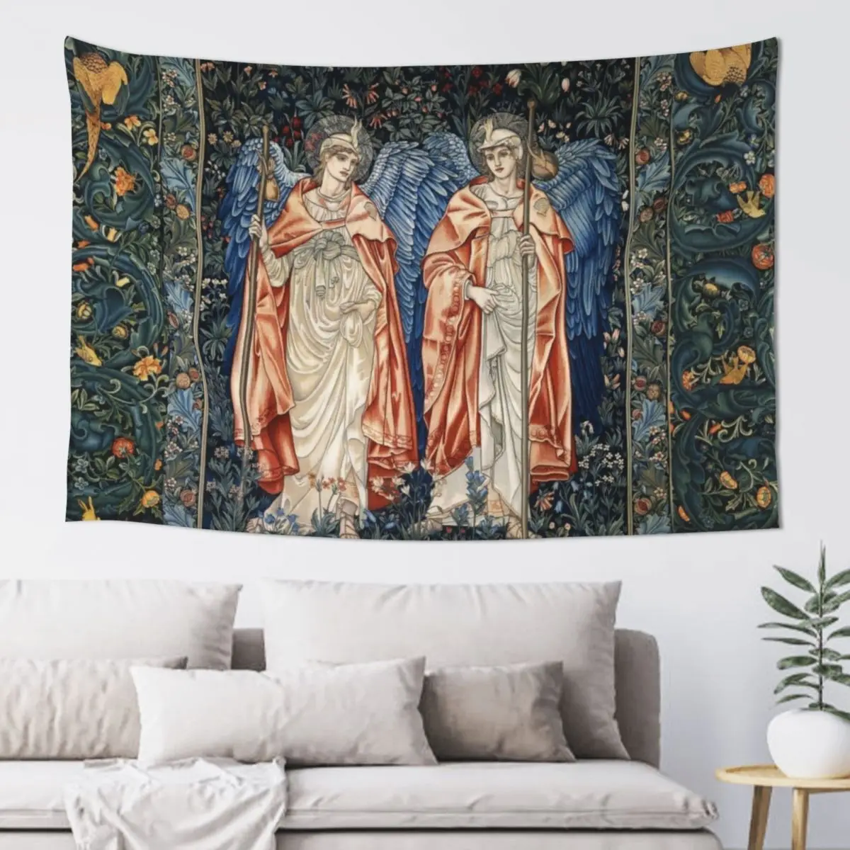 ANGELI MINISTRANTES, Angels in Blue Green Floral Tapestry Home Decor Accessories Wall Decor Hanging Decoration For Home Tapestry