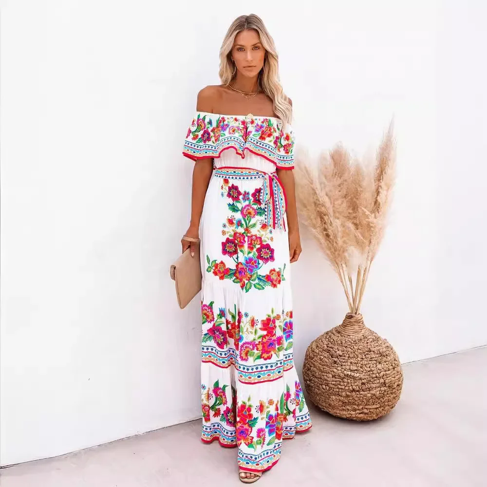 2024 Spring Summer New Independent Stand Amazon Off-shoulder Red Flower Printing Long Dress Oversized Wide Hemline Sleeveless