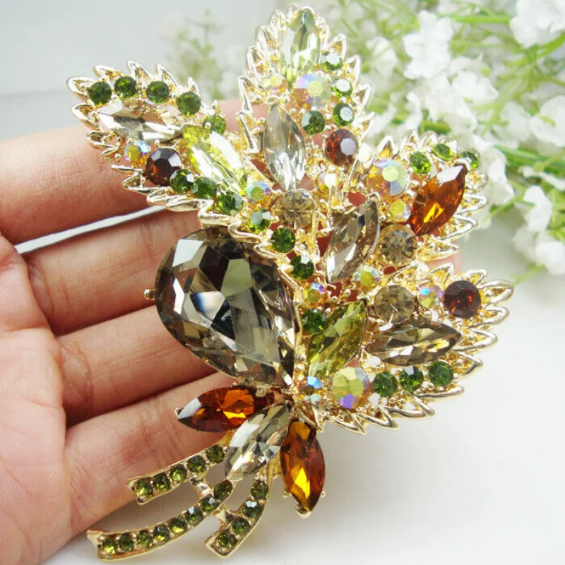 New Design Woman\'s Vintage Brown Rhinestone Crystal Flower Leaf Pendant Brooch Pin Fashion Jewelry Luxurious Wedding Gift