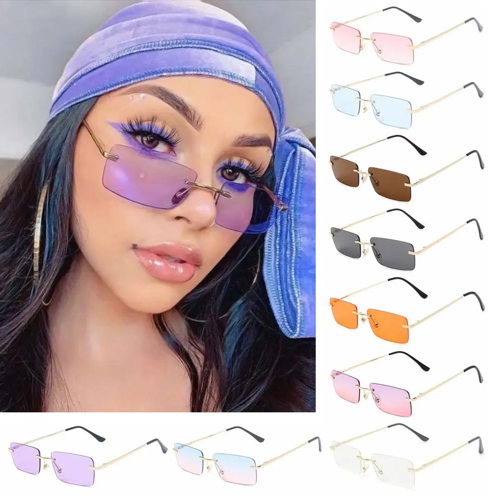 Luxus Design UV400 Retro Kleine Sonnenbrille Rechteck Randlose Frauen Vintage Sonnenbrille Gradienten Gläser