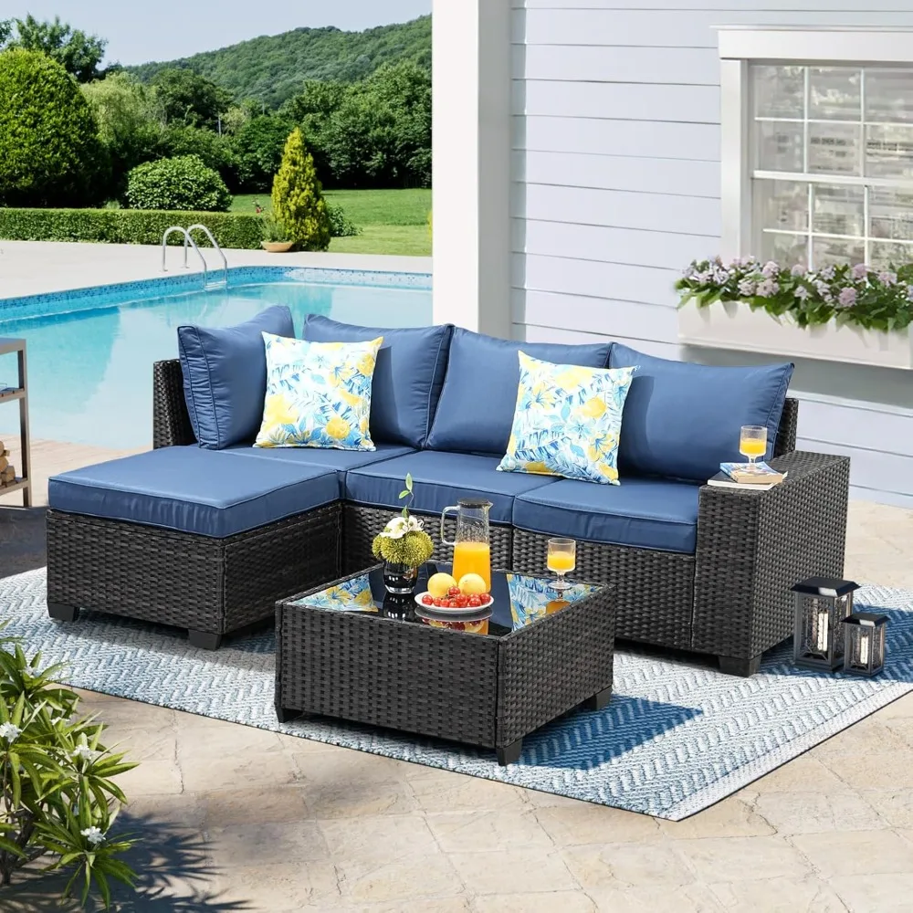 

Patio Furniture Set 5 Pieces All Weather Patio Conversation Sets Wicker PE Rattan Outdoor Sectional Couch Sofa with Cushion