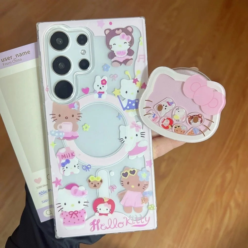 

Cute Hello Kitty Cartoon Magsafe Wireless Charge Phone Case For For Samsung S22 S23 S24 S25Ultra Plus Kitty Shake Magnetic Stand
