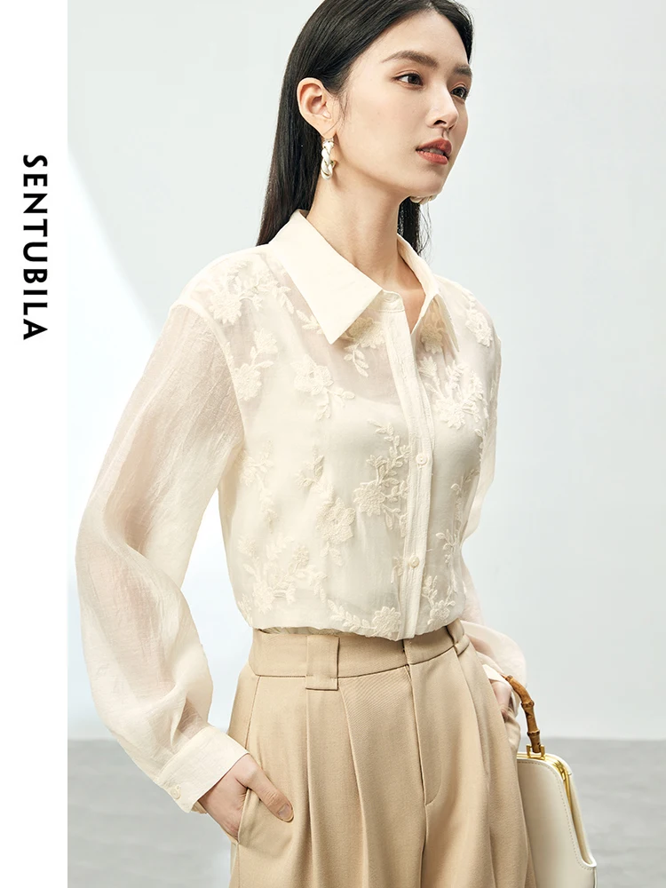 SENTUBILA Women Embroidery Button Up Shirts & Blouse 2024 Spring Summer Apricot Elegant Thin Long Sleeve Tops Woman 141C53877