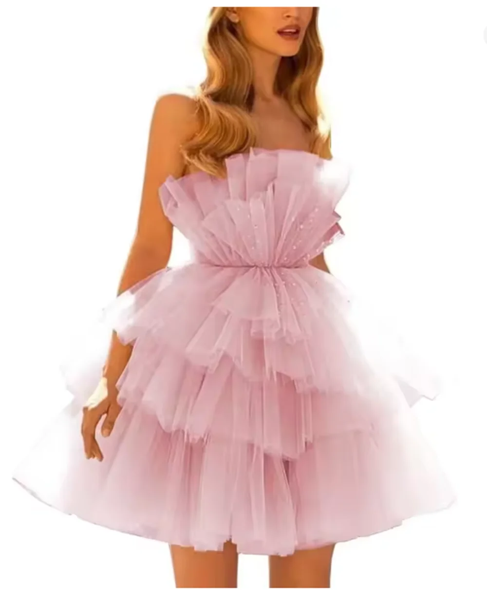 

Tulle Off Shoulder Homecoming Dresses Puffy Prom Dress Short Strapless Mesh Ruffle Formal Cocktail Party Gown Ball Gowns