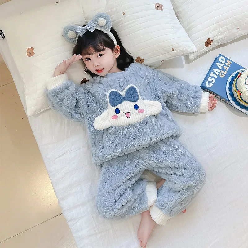 Doce cinnamoroll anime sanrio linda boneca crianças camisa de flanela calças pijama bonito kawaii grosso coral veludo homewear pano brinquedo