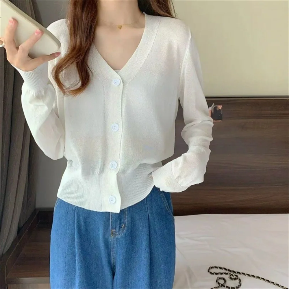 2024 Fashion Summer V Neck Cardigan Women Casual Transparent Sweater Shirts Lady Simple Thin Solid Outwear Female Crop Top