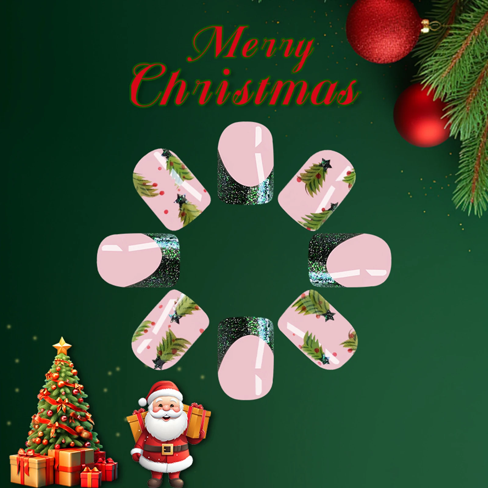 Pressione Unhas postiças com desenhos de Natal Árvore Padrão, Wearable Unhas Francesas, Glitter Pink, verde escuro, Natal Dicas de unhas falsas, 24pcs