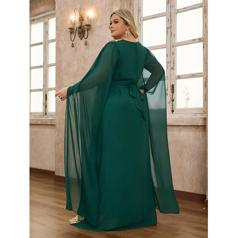 Women 2024 Elegant Muslim Abaya Embroidery Chiffon Islamic Turkey Dubai Kaftan Green Long sleeve Party Maxi Dresses 4XL